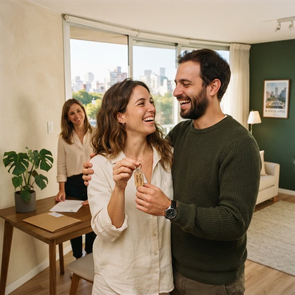 Pareja sonriendo con las llaves de su nuevo hogar
